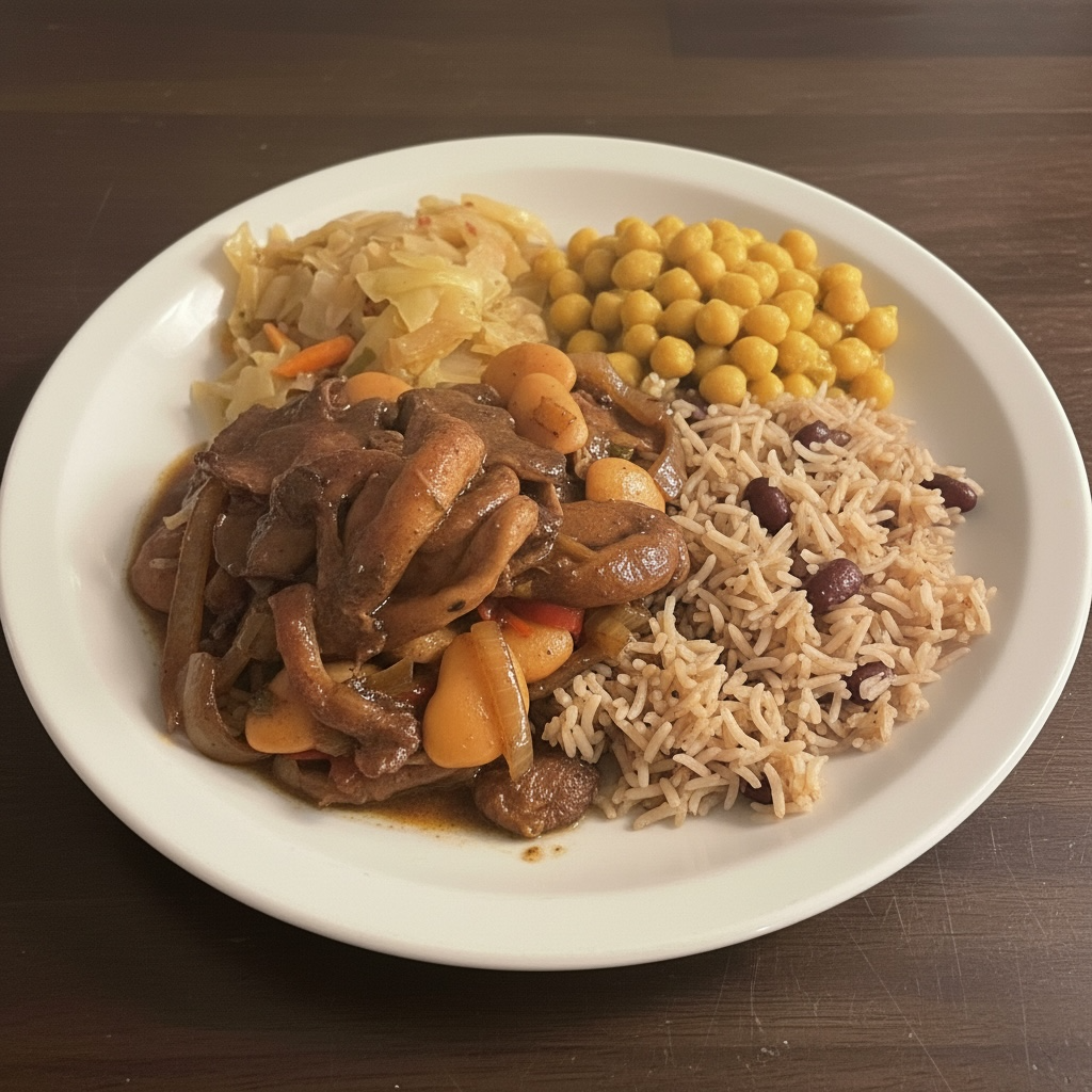 Vegan stew plate with rice and peas, cabbage and chickpeas