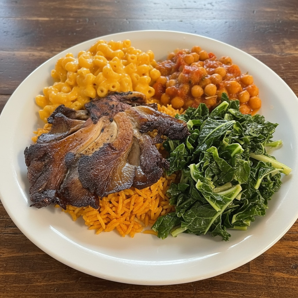 Vegan mushroom steak plate with mac and cheese, curry chickpeas, yellow rice and collard greens