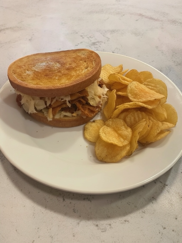 Vegan BBQ pulled sandwich with coleslaw and chips